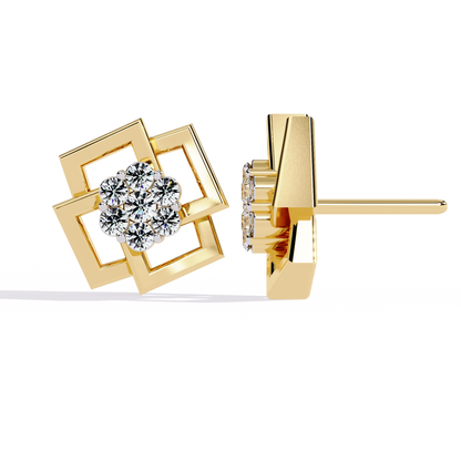 Geometric Square Motif Round Lab Diamond Earrings with Brilliant Center Cluster Design - View 4