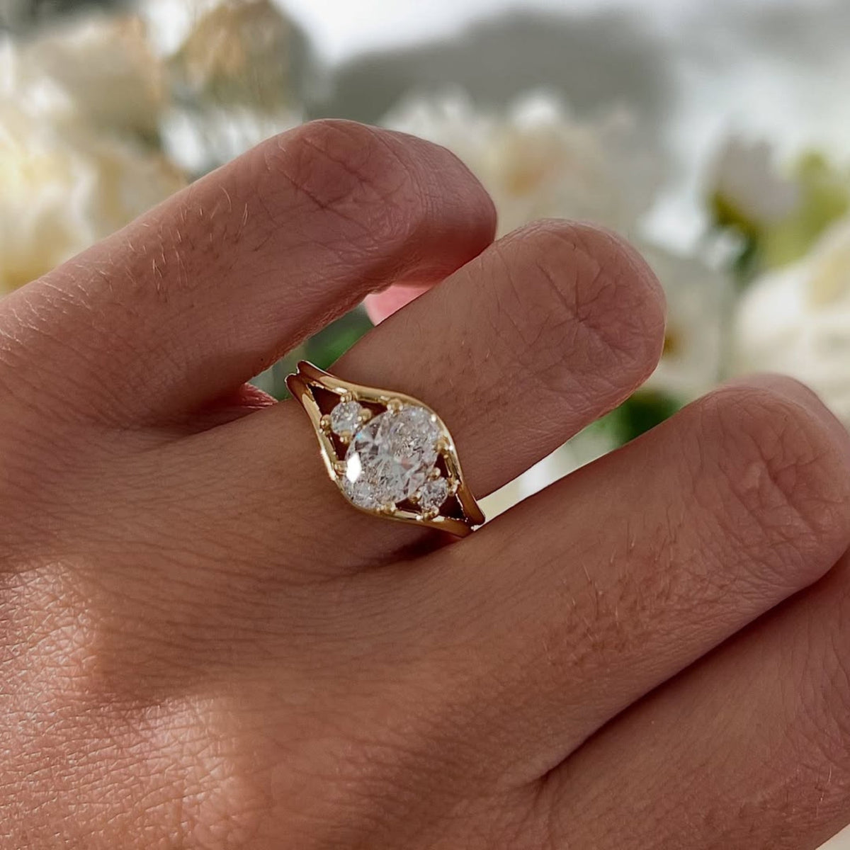 oval lab diamond split shank three stone engagement ring - view 5