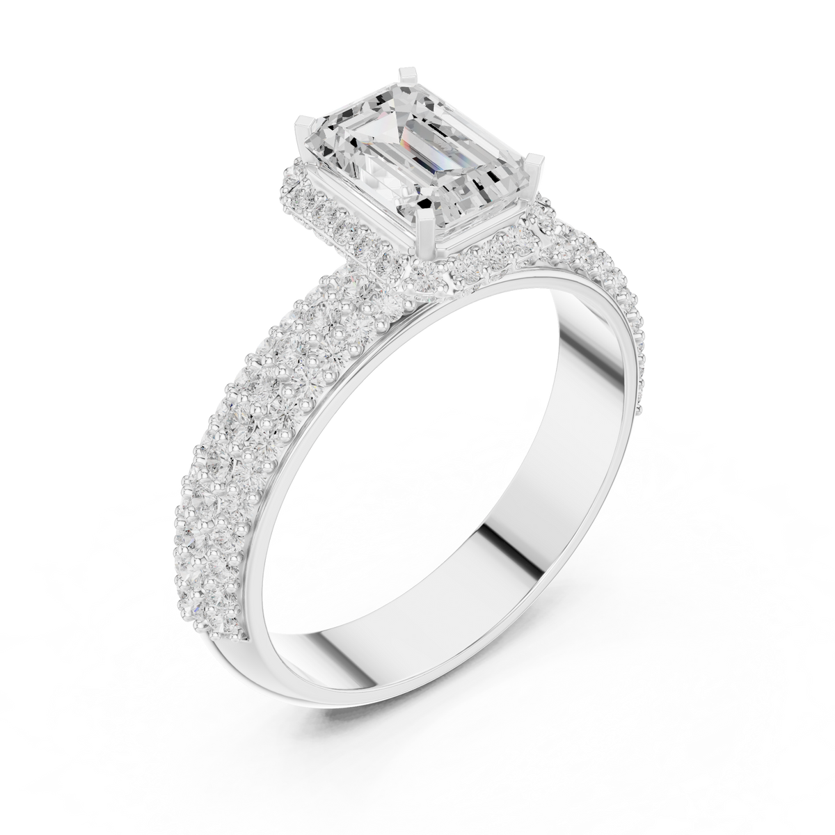 Emerald Cut Hidden Halo Moissanite Diamond Ring with Wide Pave Band - View 6