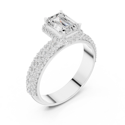 Emerald Cut Hidden Halo Moissanite Diamond Ring with Wide Pave Band - View 6