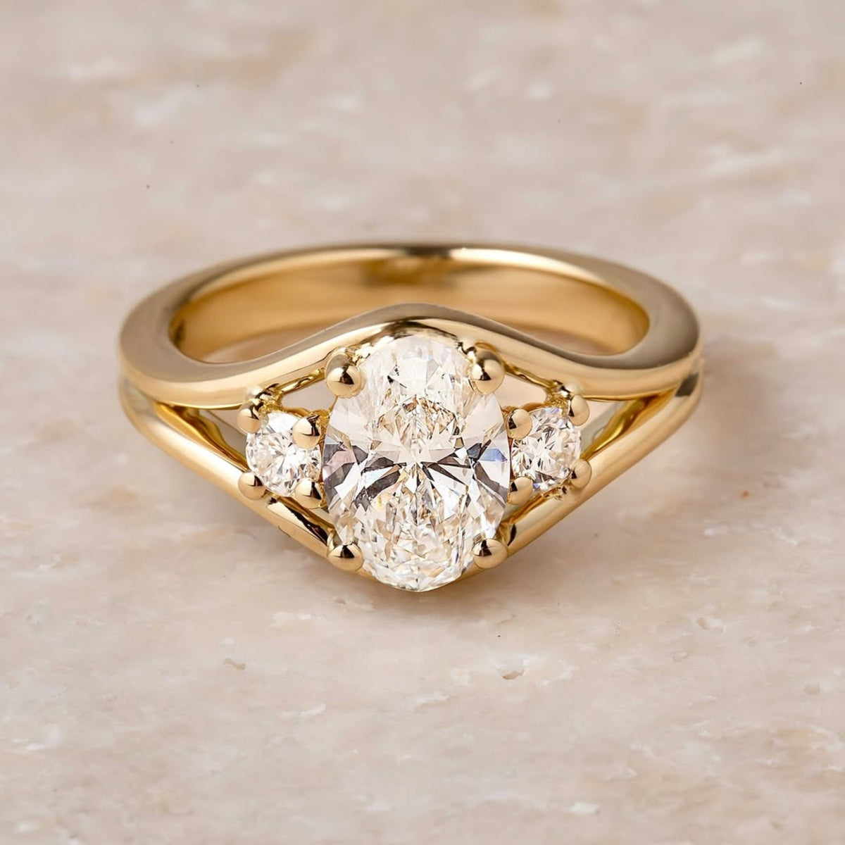 oval lab diamond split shank three stone engagement ring