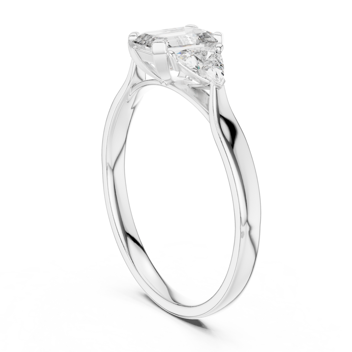 Emerald Cut Moissanite Diamond Rings with Trillion Side Stones - View 5