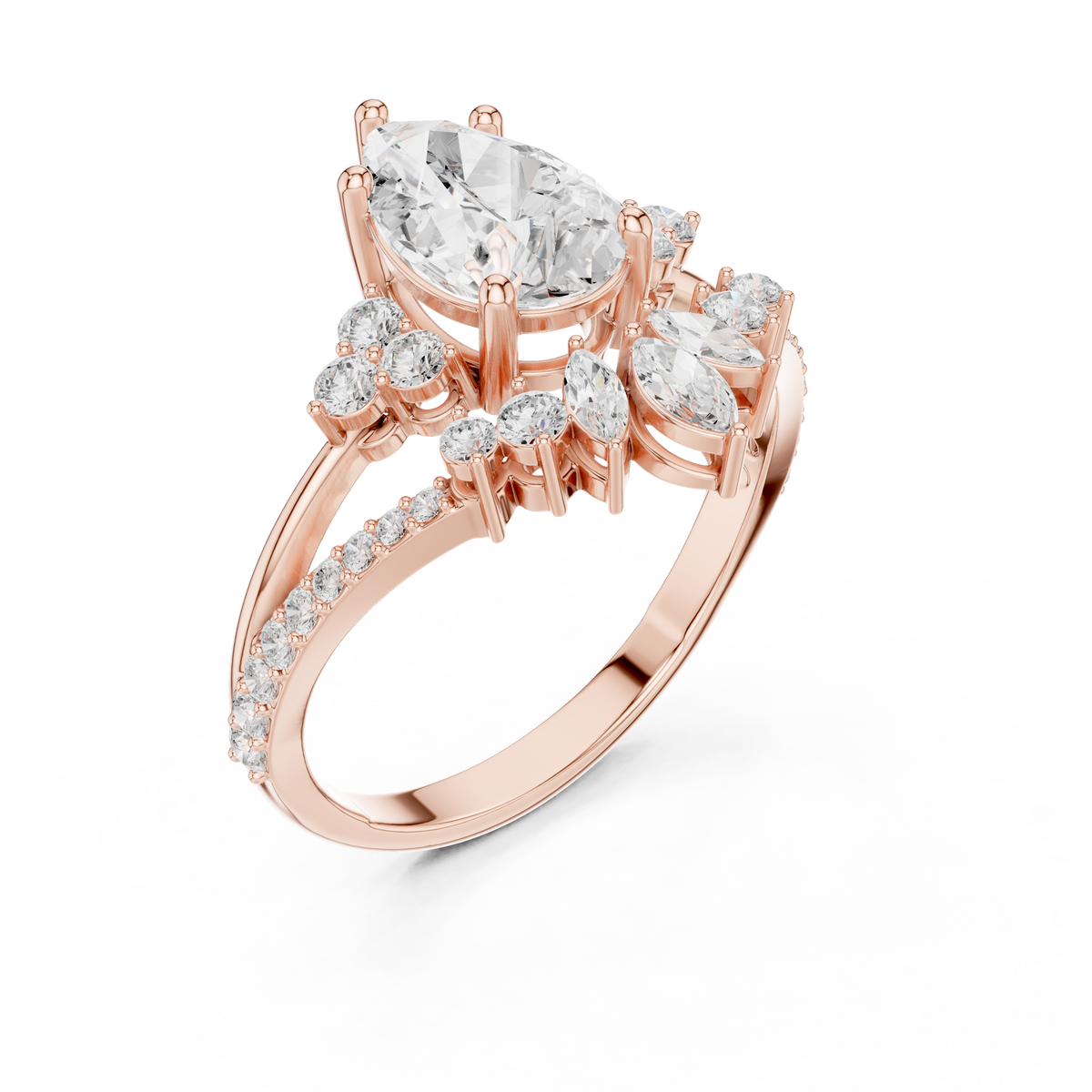Crown Cluster Split Shank Pear Cut Lab Diamond Wedding Ring - View 5