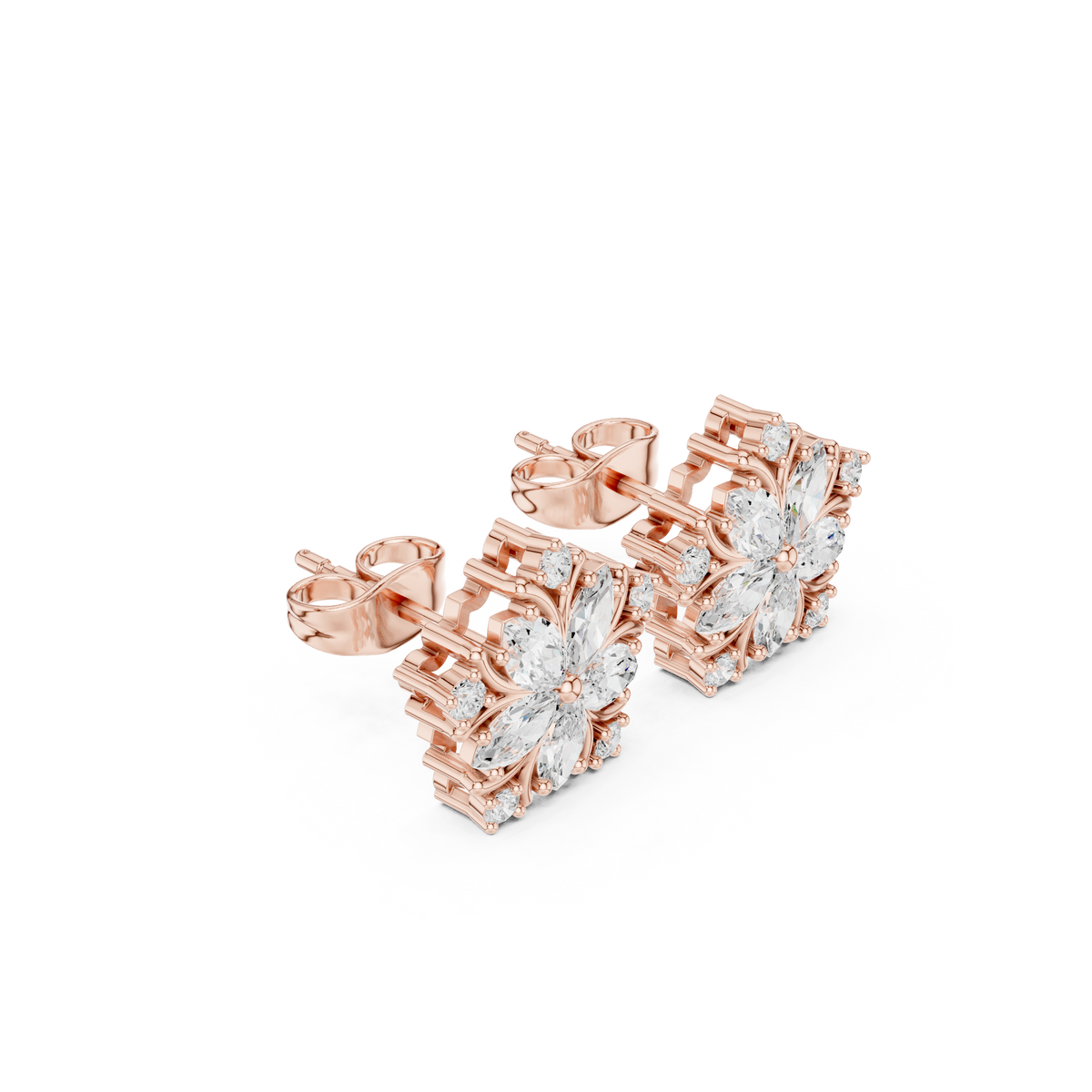 Blossom Petal Cluster Marquise And Round Moissanite Diamond Stud Earrings Floral Starburst - View 3