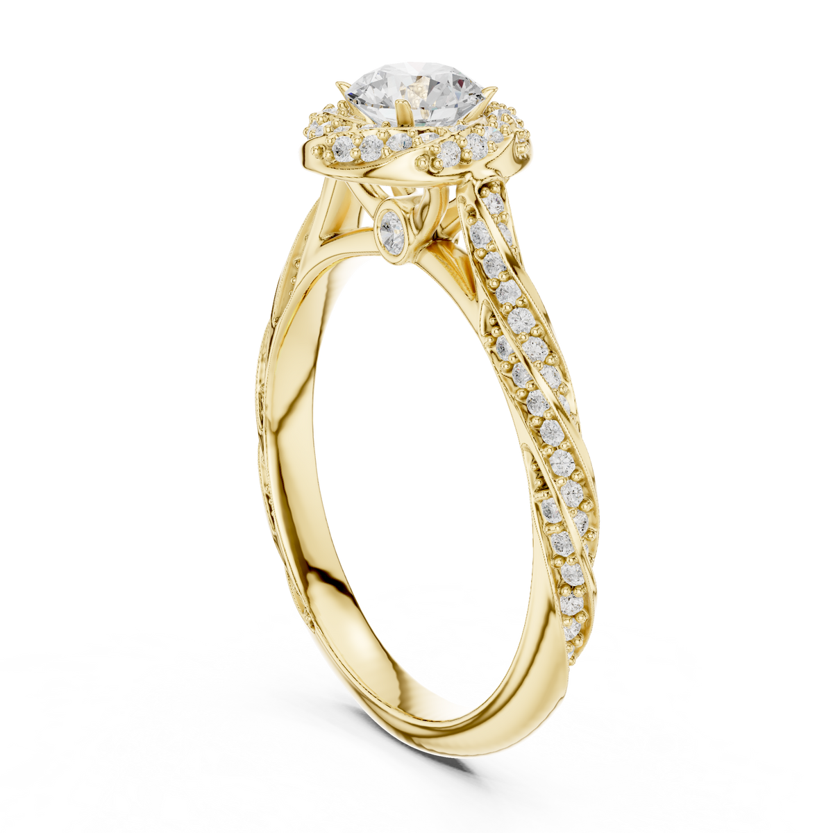 Round Cut Lab Diamond Halo Twisted Split Shank Ring - View 5