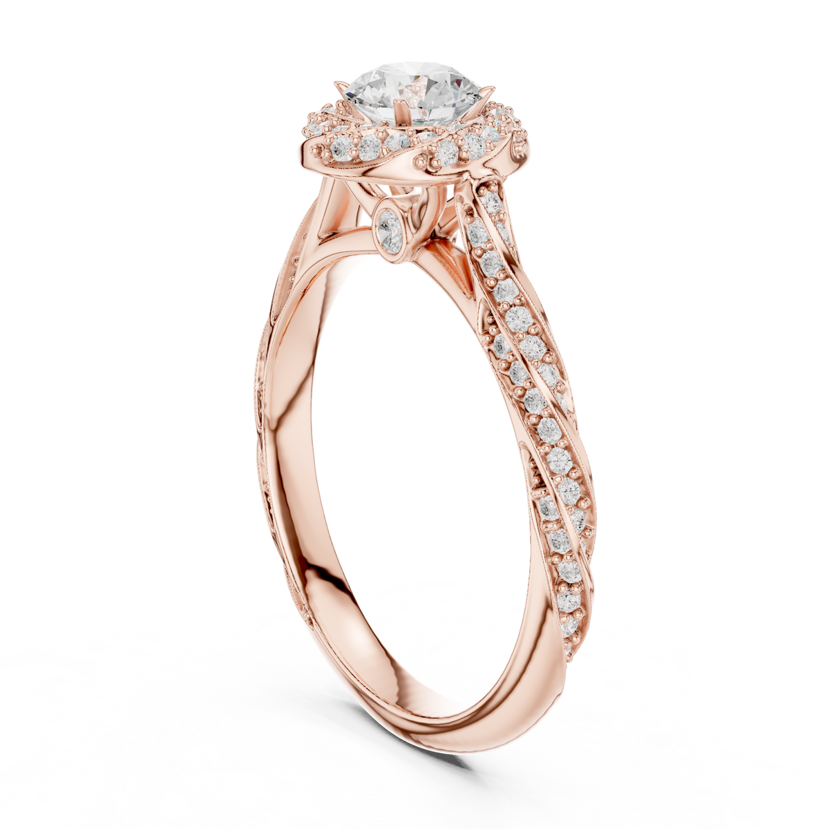round cut lab diamond halo twisted split shank ring - view 6