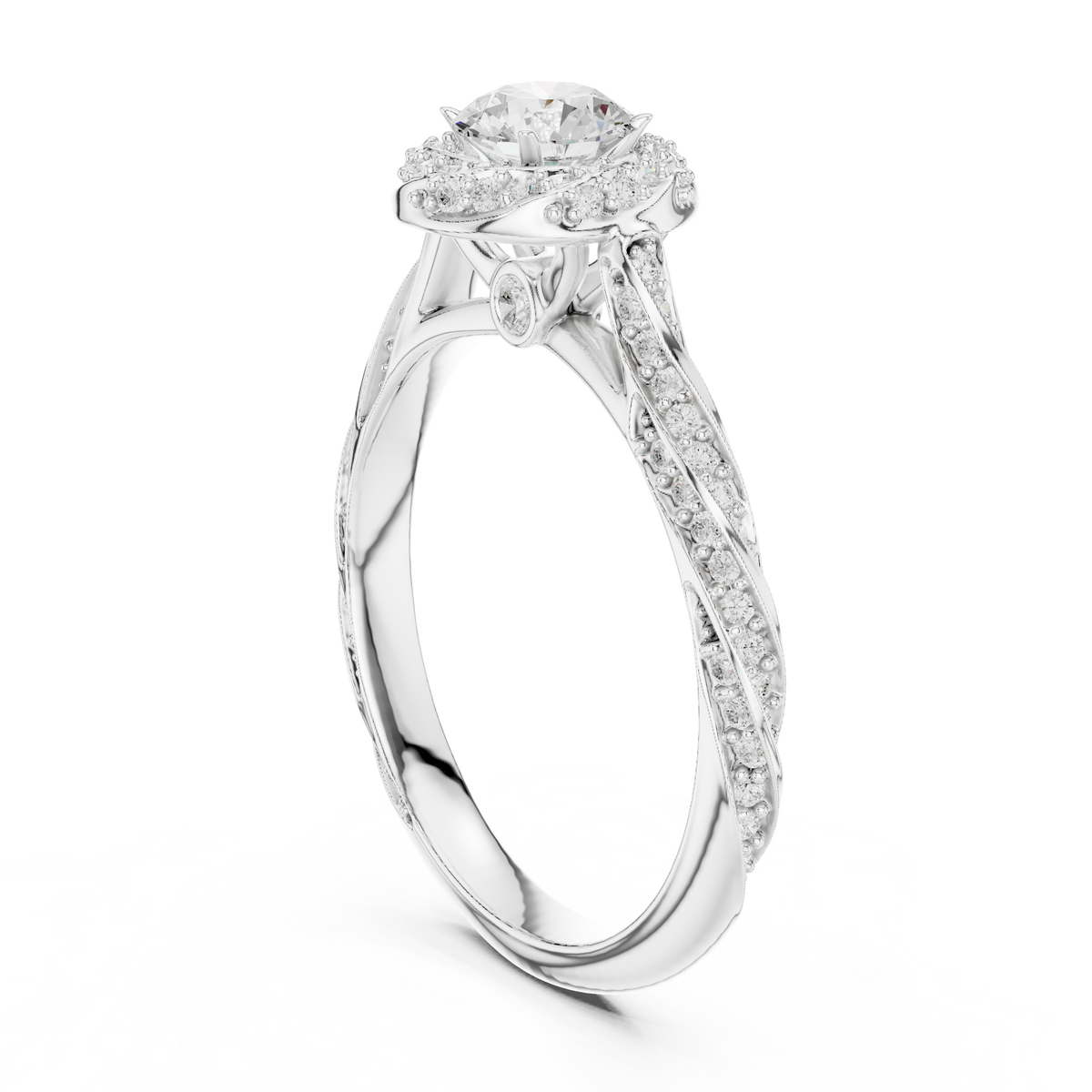 round cut lab diamond halo twisted split shank ring - view 7
