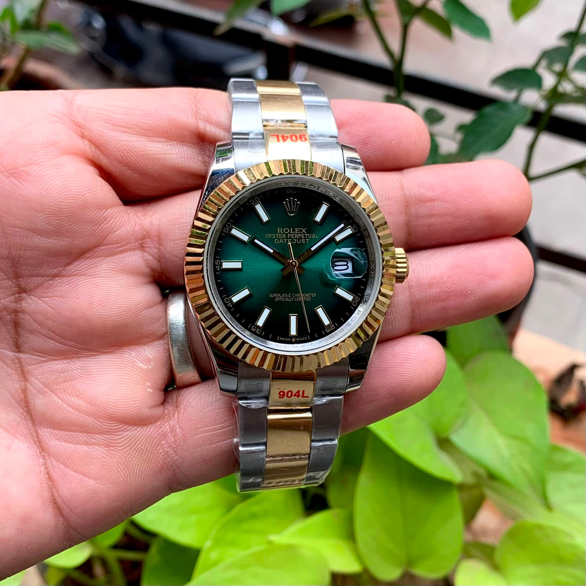 two-tone green dial date automatic wristwatch - view 2