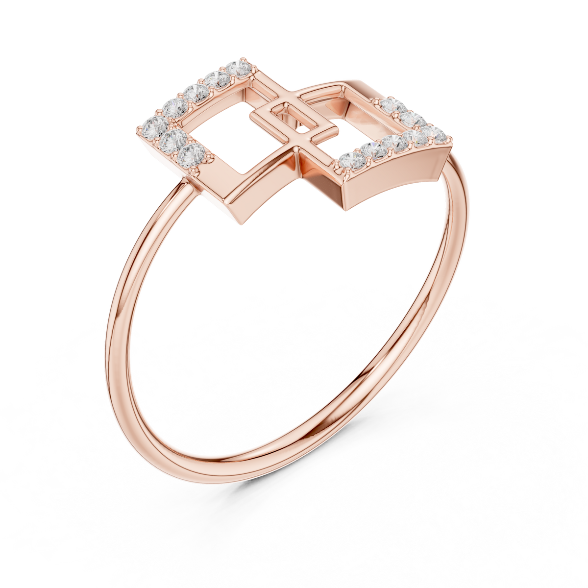 stunning round cut moissanite diamond edged interlocking square ring - view 3