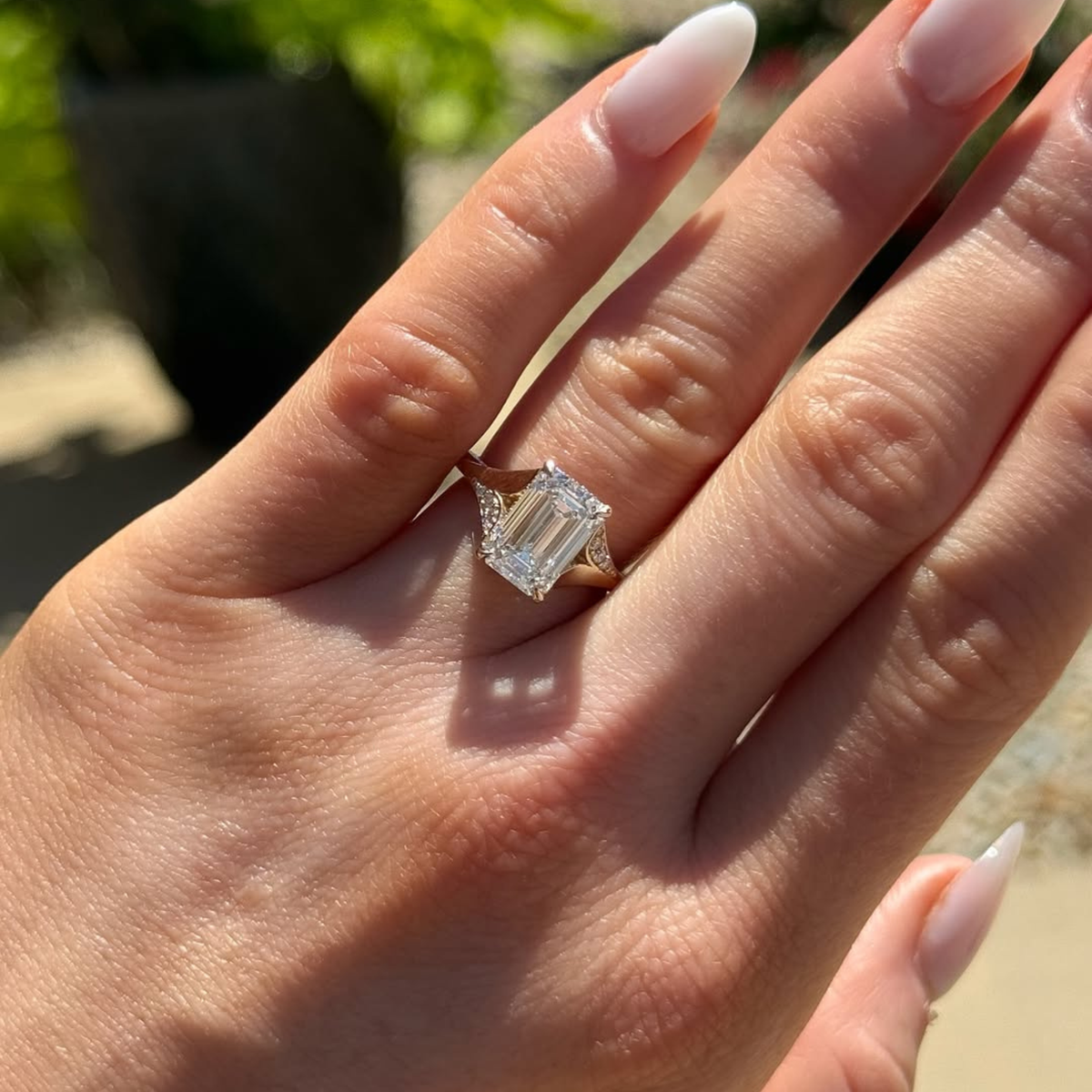 split shank with emerald lab diamond engagement ring - view 6