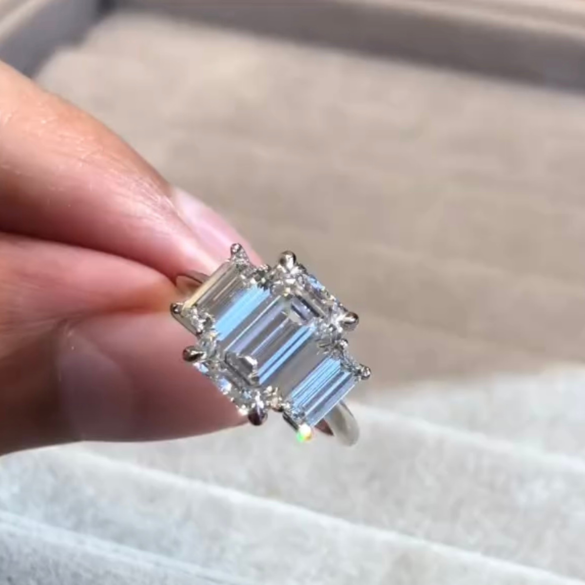 Emerald Lab Diamond Three Stone Wedding Ring - View 6